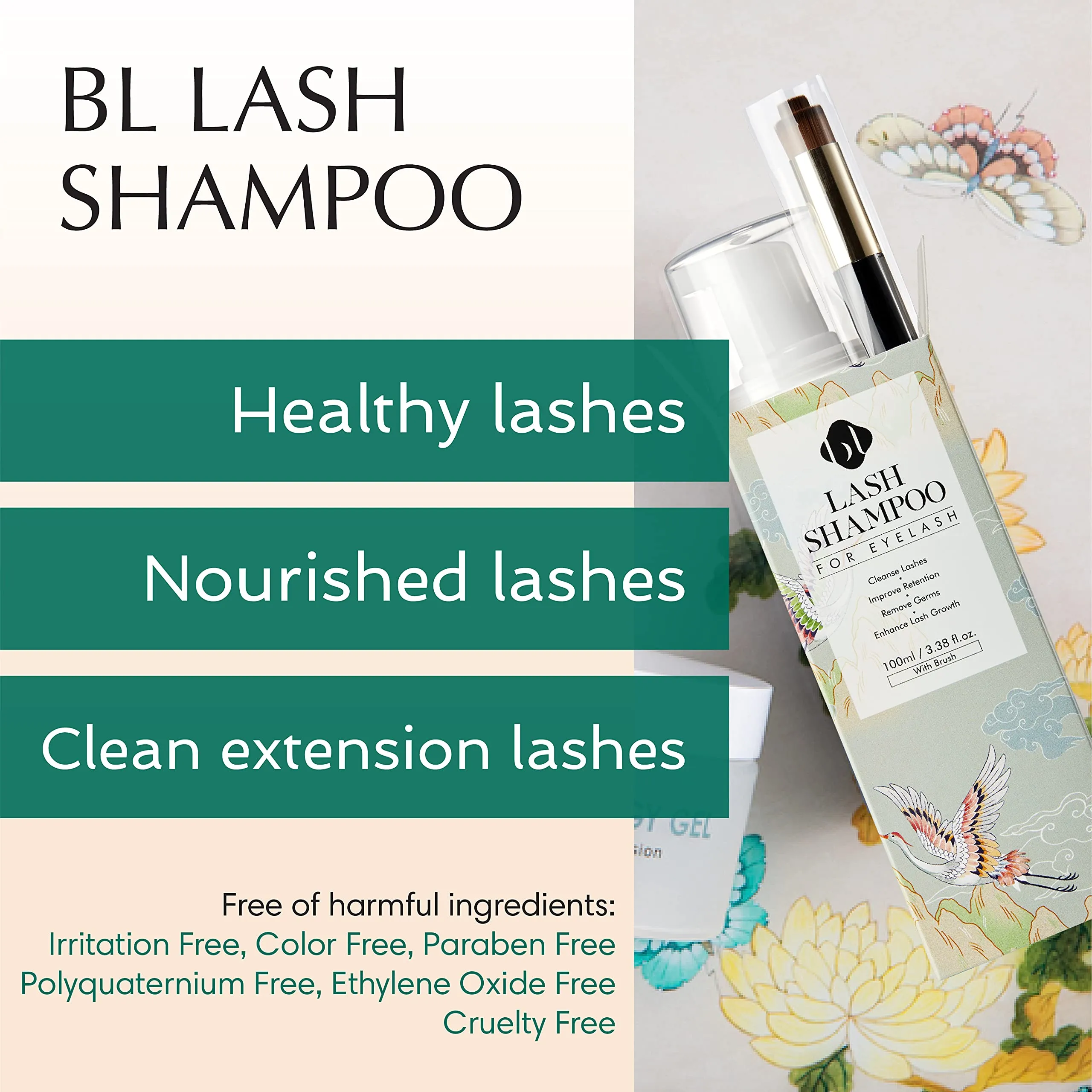 100ml BL Lash Shampoo for Eyelash Extensions – Gentle Lash Foam with Neutral pH Removes Dirt and Nourishes Eyelashes to Promote Growth and Stronger Longer Retention – Include Lash Cleansing Brush (100ml) 3.38 Fl Oz (Pack of 1)