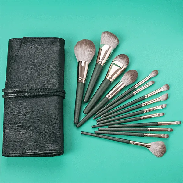 14 Piece Dark Green Brush Set with Pouch