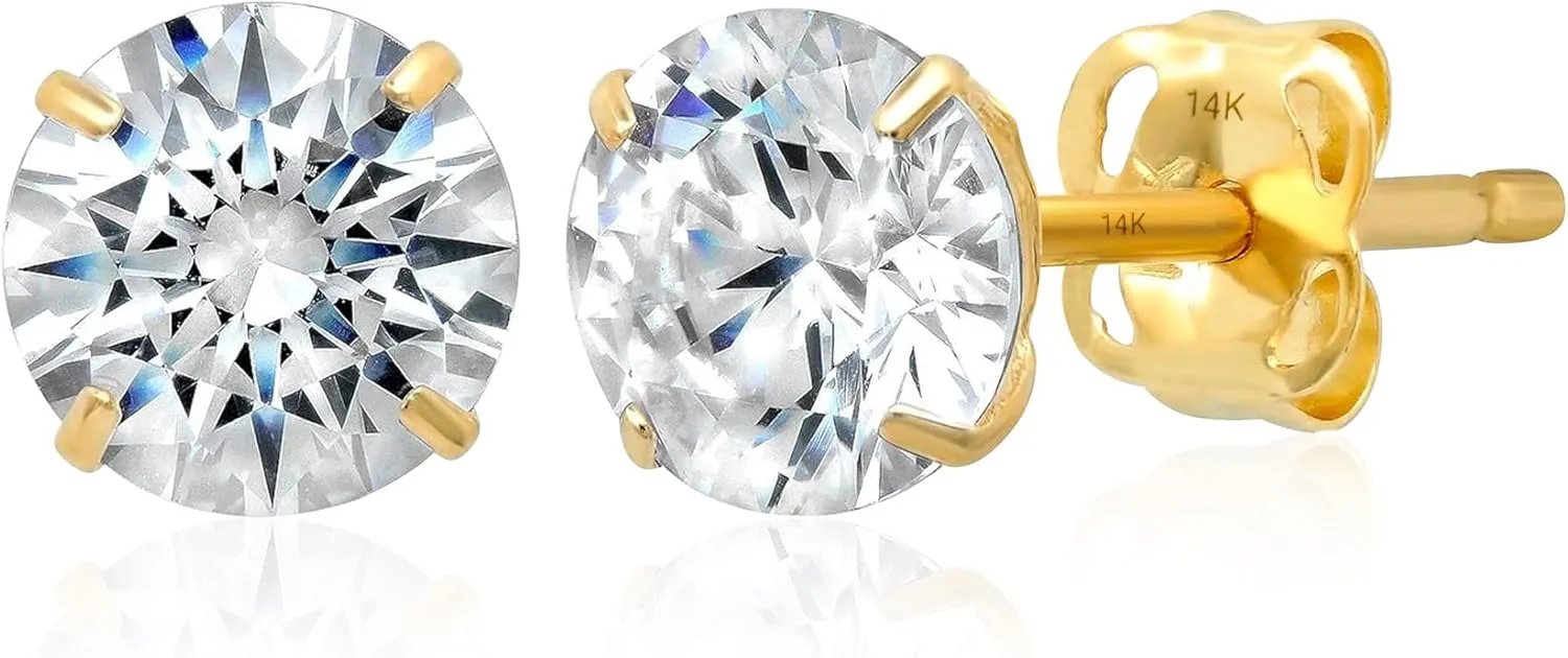14k Gold Solitaire Round Cubic Zirconia Earrings Studs for Women & Men | Anti Tarnishing CZ Stud Earrings with 14k Gold Butterfly Pushbacks | 4MM-7.5MM by MAX   STONE
