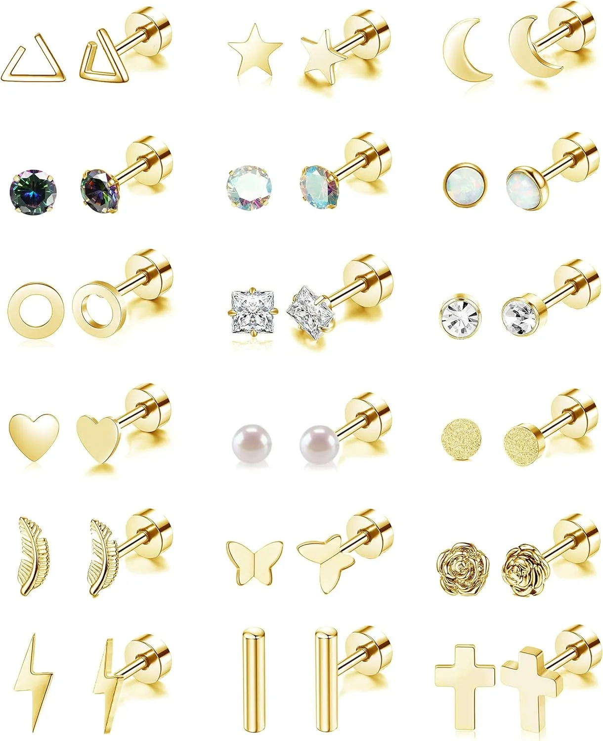 18 Pairs Stainless Steel Stud Earrings Set for Women Men Star Moon flower Heart Leaf Opal 20G Cartilage Earrings Hypoallergenic Flatback Earrings Piercing Jewelry