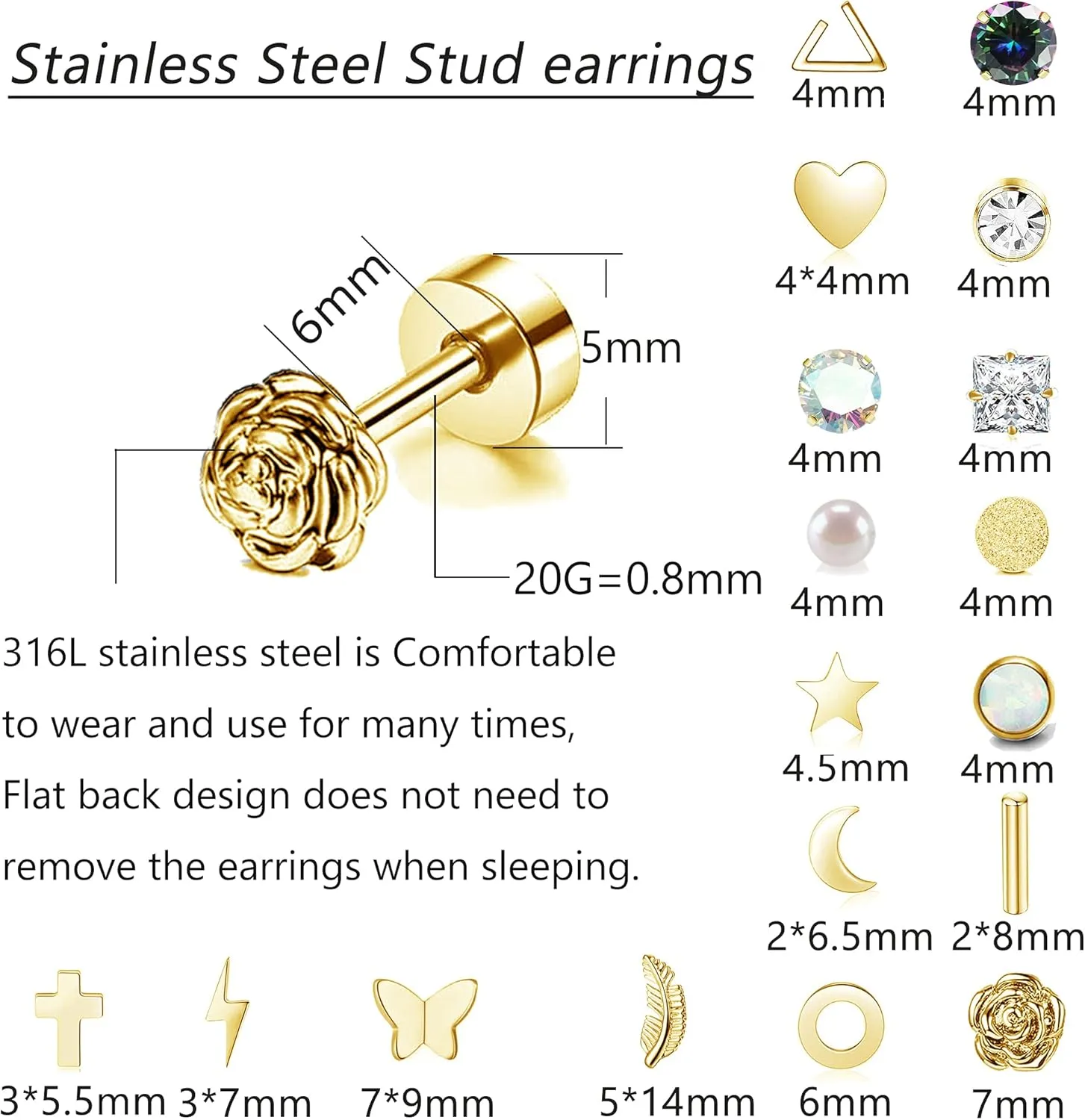 18 Pairs Stainless Steel Stud Earrings Set for Women Men Star Moon flower Heart Leaf Opal 20G Cartilage Earrings Hypoallergenic Flatback Earrings Piercing Jewelry
