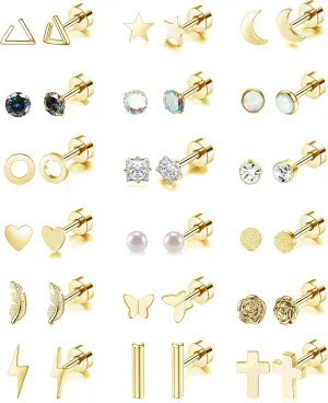 18 Pairs Stainless Steel Stud Earrings Set for Women Men Star Moon flower Heart Leaf Opal 20G Cartilage Earrings Hypoallergenic Flatback Earrings Piercing Jewelry