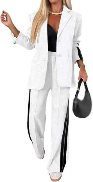 2 Piece Blazer Outfits for Women Comfy Oversized Jacket Wide Leg Pants Suits Notch Lapel Casual Business Dressy Sets