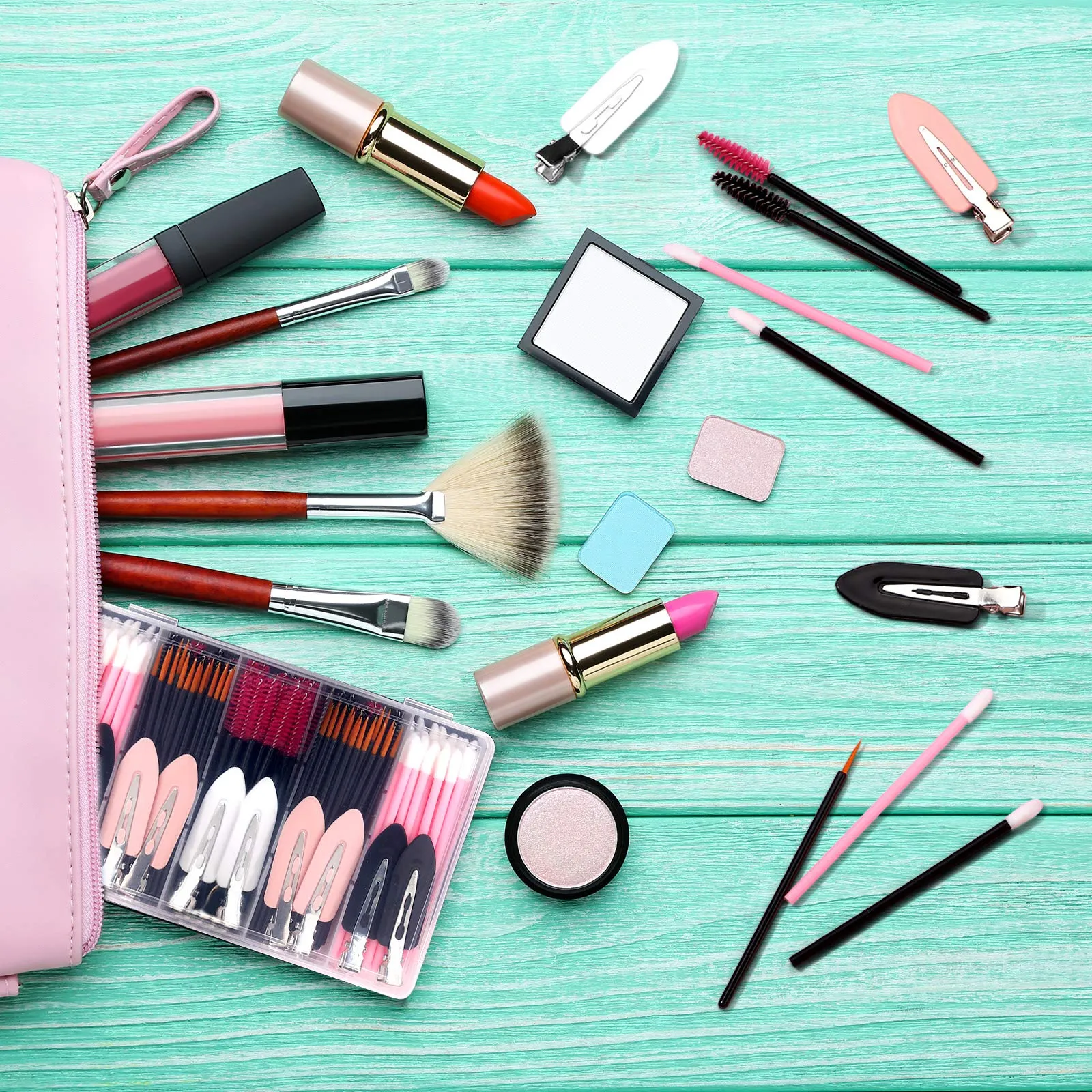 263 Pieces Makeup Applicators Tools Kit, Include 50 Disposable Eyeliner Brushes 100 Mascara Wands Eyelash Brush 100 Lipstick Applicators Lip Wands and 12 Makeup Hair Clips with Plastic Organizer Box