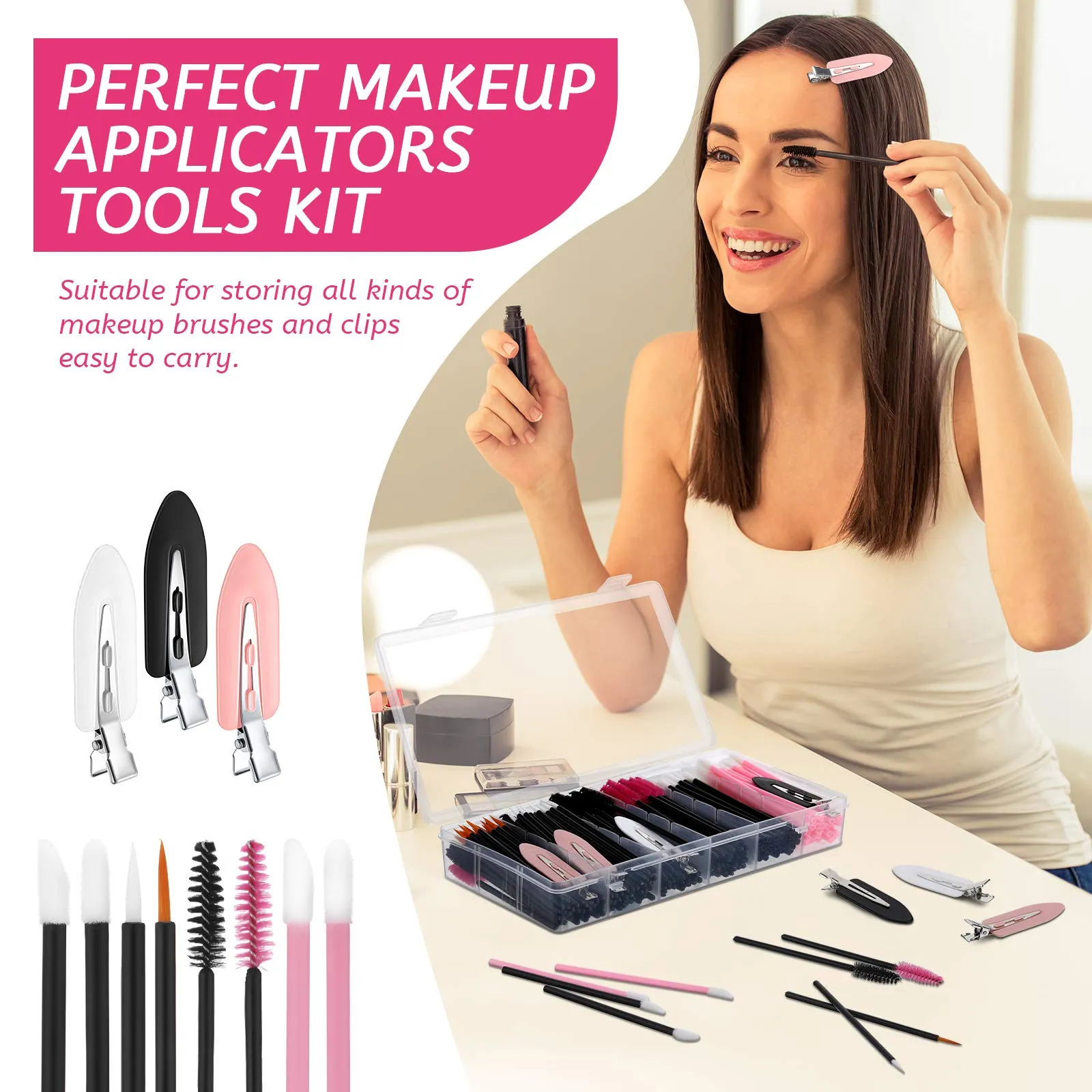 263 Pieces Makeup Applicators Tools Kit, Include 50 Disposable Eyeliner Brushes 100 Mascara Wands Eyelash Brush 100 Lipstick Applicators Lip Wands and 12 Makeup Hair Clips with Plastic Organizer Box