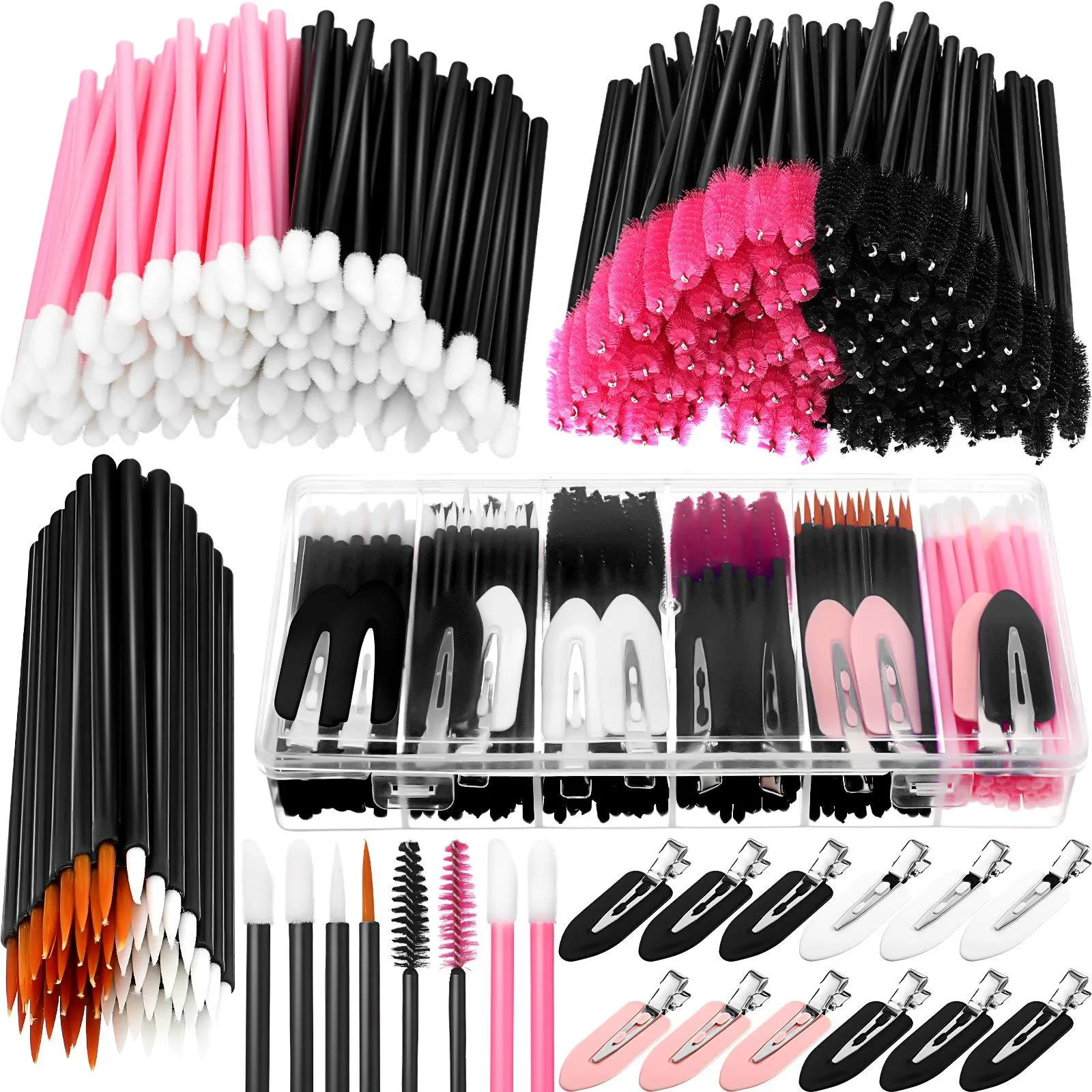 263 Pieces Makeup Applicators Tools Kit, Include 50 Disposable Eyeliner Brushes 100 Mascara Wands Eyelash Brush 100 Lipstick Applicators Lip Wands and 12 Makeup Hair Clips with Plastic Organizer Box