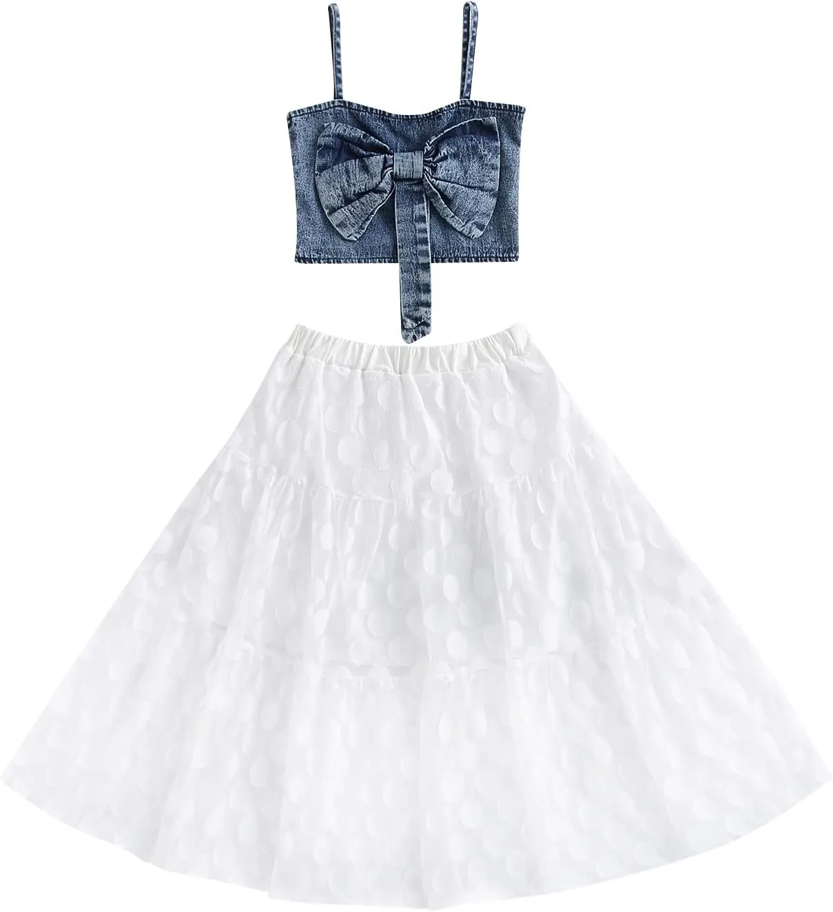 2PCS Kid Girl Maxi Skirt Sets Bowknot Spaghetti Strap Denim Crop Tops   Layered Polka Dots Mesh Dress