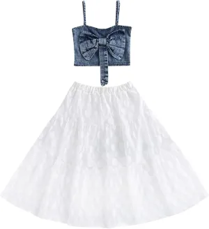 2PCS Kid Girl Maxi Skirt Sets Bowknot Spaghetti Strap Denim Crop Tops   Layered Polka Dots Mesh Dress