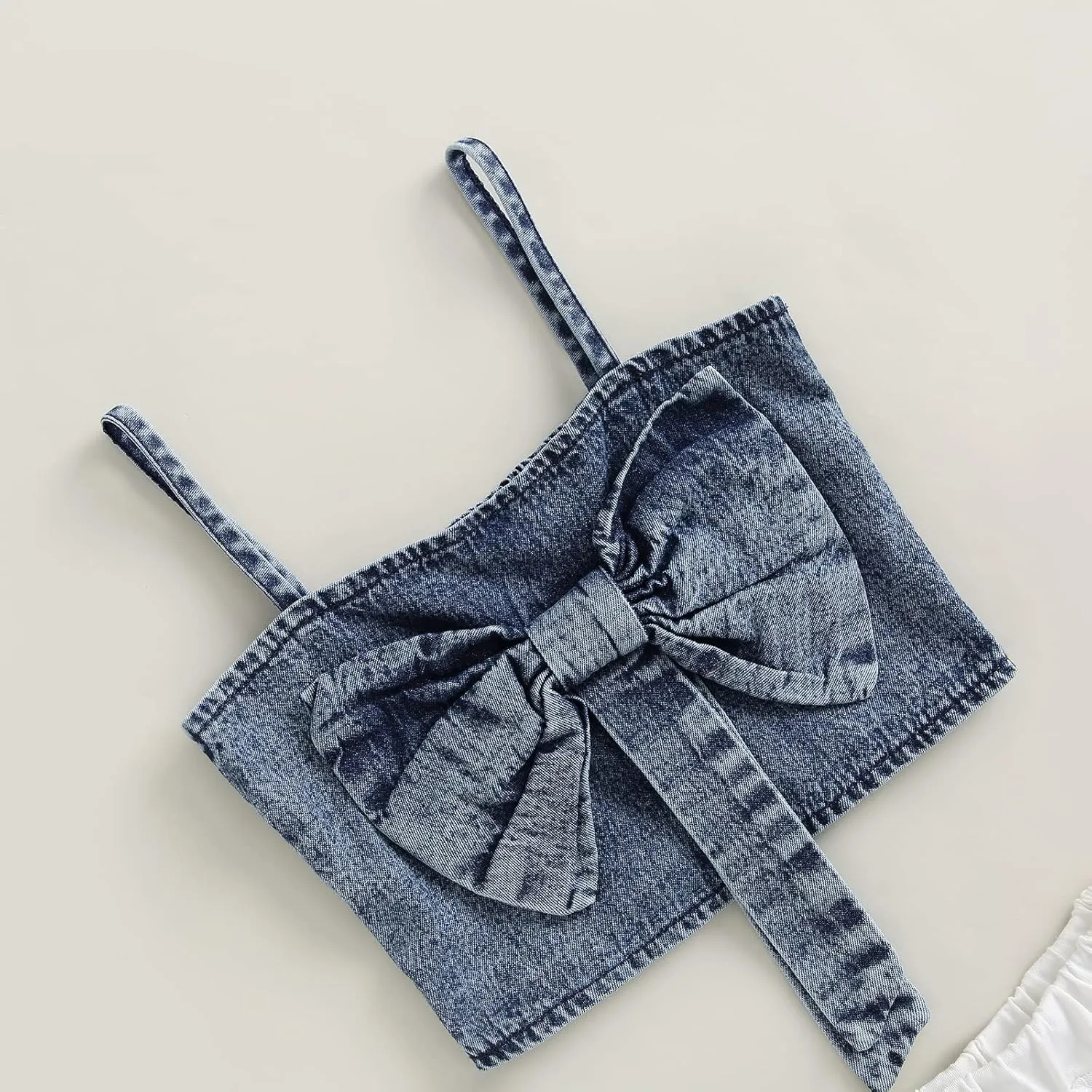 2PCS Kid Girl Maxi Skirt Sets Bowknot Spaghetti Strap Denim Crop Tops   Layered Polka Dots Mesh Dress