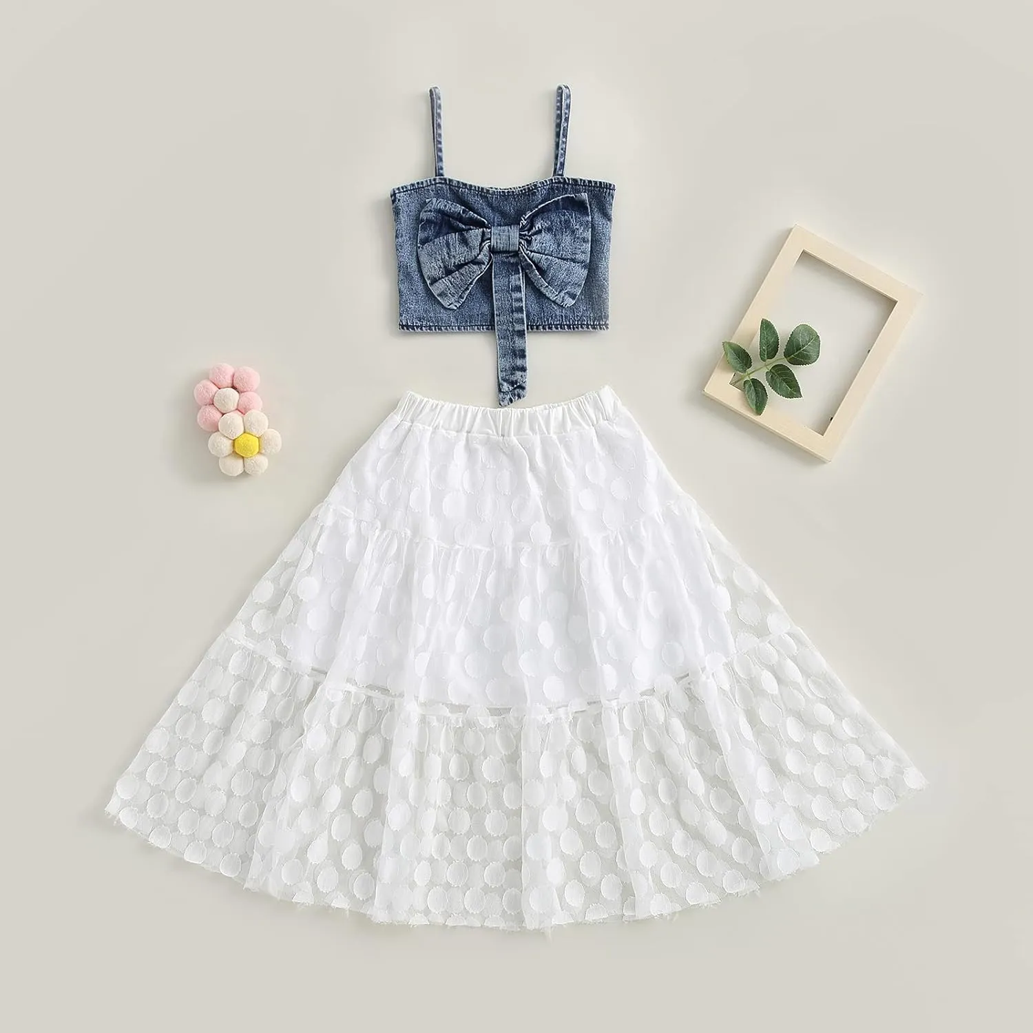 2PCS Kid Girl Maxi Skirt Sets Bowknot Spaghetti Strap Denim Crop Tops   Layered Polka Dots Mesh Dress