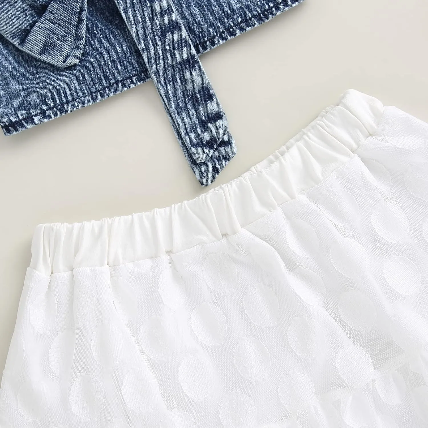 2PCS Kid Girl Maxi Skirt Sets Bowknot Spaghetti Strap Denim Crop Tops   Layered Polka Dots Mesh Dress