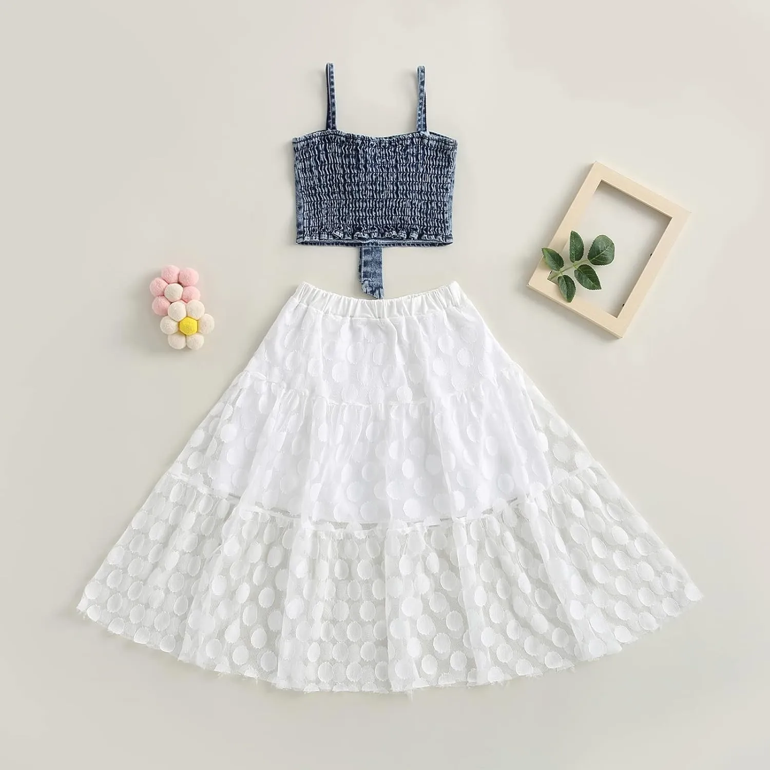 2PCS Kid Girl Maxi Skirt Sets Bowknot Spaghetti Strap Denim Crop Tops   Layered Polka Dots Mesh Dress