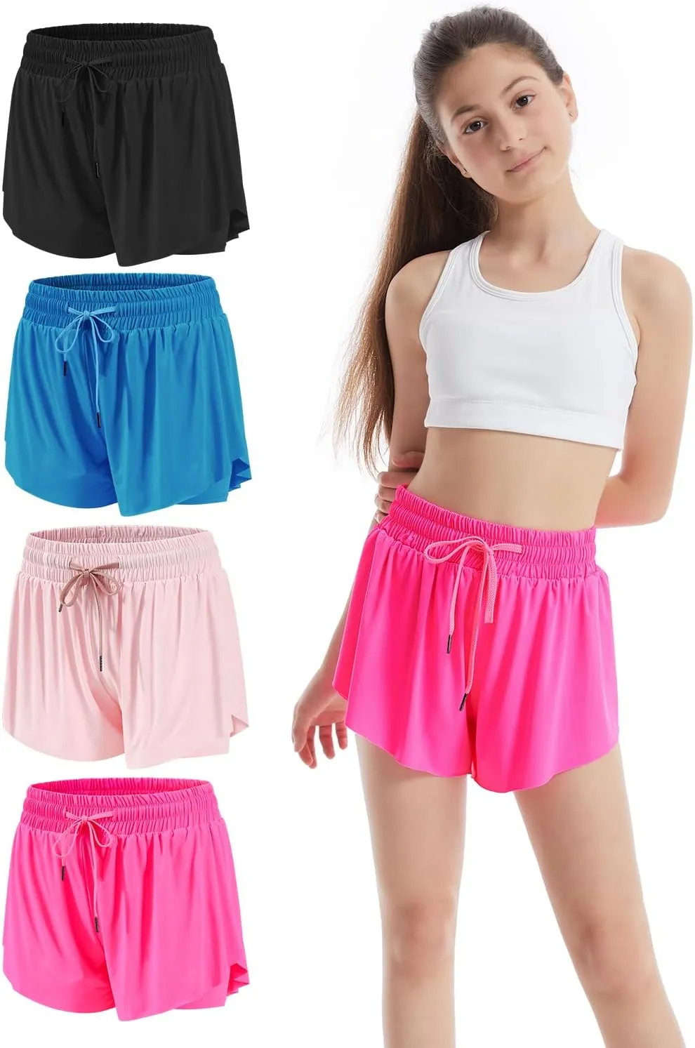 3-4 Packs Girls Flowy Butterfly Shorts Athletic 2 in 1 Running Active Skirt Shorts, Workout Short for Kids Teens