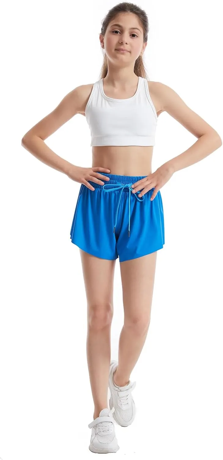 3-4 Packs Girls Flowy Butterfly Shorts Athletic 2 in 1 Running Active Skirt Shorts, Workout Short for Kids Teens