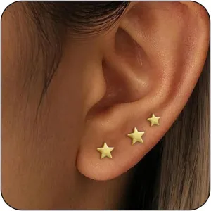 3 Pairs 14K Gold Stud Earring Sets for Women Dainty 925 Sterling Silver Earrings for Multiple Piercing Tiny Cartilage Tragus Cute Trendy Post Earrings Stacks Jewelry Gifts