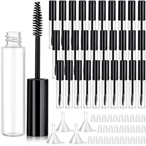 30 Pieces 10 ml Empty Mascara Tubes Eyelash Wand Refillable Clear Bottles Cream Container with 4 Pieces Transparent Funnels Transferring Castor Oil for DIY Cosmetics (Black)