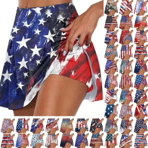 4th of July Skorts for Women Athletic Breathable 2 in 1 Tennis Skirt Shorts Workout High Waisted Stretch Flowy Shorts