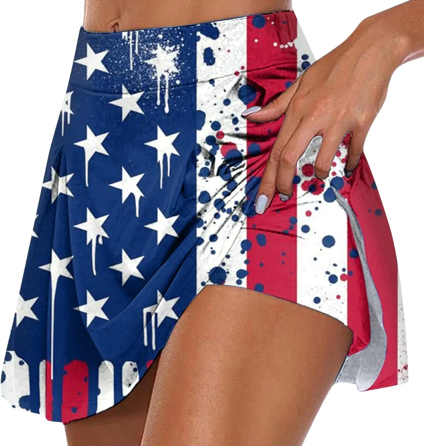 4th of July Skorts for Women Athletic Breathable 2 in 1 Tennis Skirt Shorts Workout High Waisted Stretch Flowy Shorts