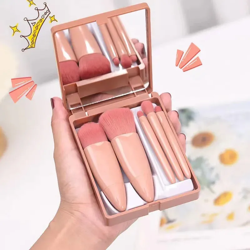 5pcs Portable Makeup Brushes Set With Mirror For Flawless Application
