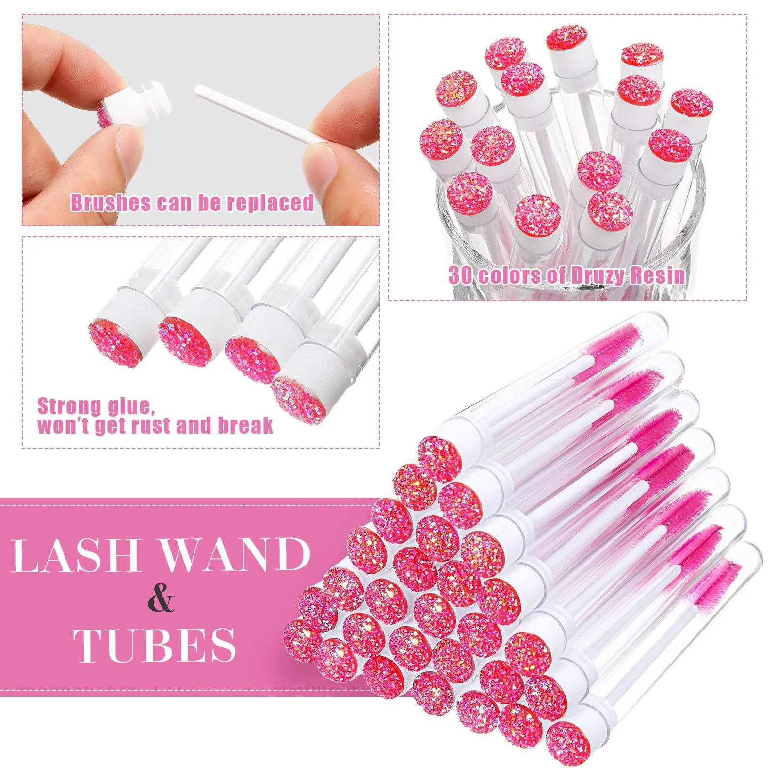 60 Pieces Mascara Wand Tube Set 30 Diamond Empty Eyelash Brush Tubes Spoolies 30 Mascara Wand Lash Extension Brushes Applicators Makeup Tools (110 mm, Pink)