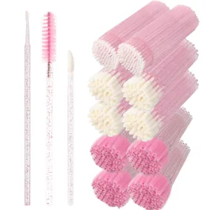600 Pcs Eyelash Extension Supplies Kit, Include 200 Lash Spoolies Mascara Brushes 200 Crystal Lip Brushes 200 Micro Swabs Eyelash Brushes Makeup Applicator Tool Set(Pink)