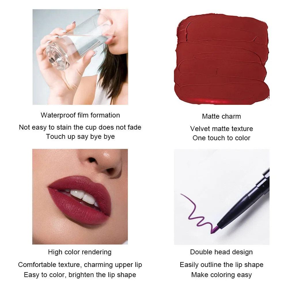 6Pcs Lip Liner and Lipstick Set,DNM Double Head Matte Mat Liquid Lipstick 24H & Lip Liner Color 2 in 1 Makeup Set for Black Women Waterproof Long Lasting All Day Red Lipstick Lipliner Matte Gift Kit