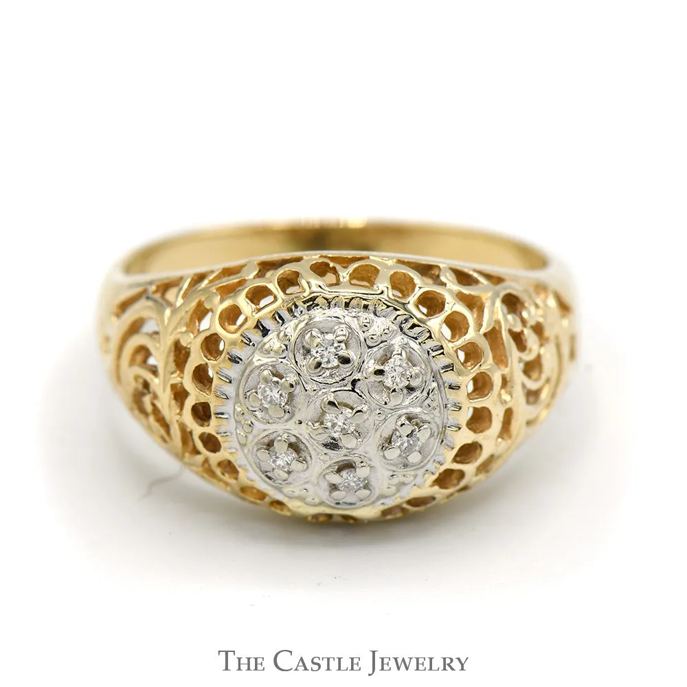 7 Diamond Kentucky Cluster Ring with Filigree Sides in 14k Yellow Gold