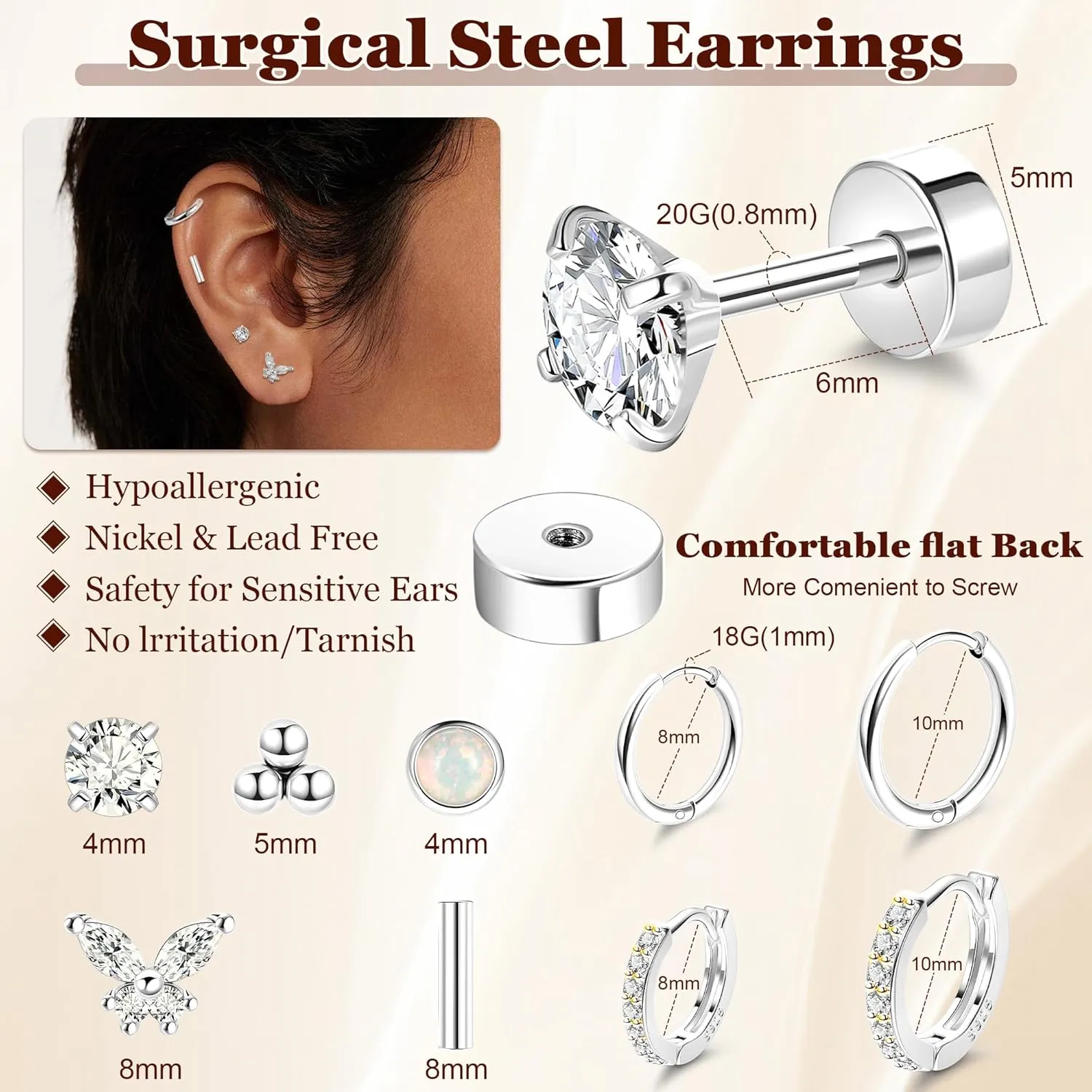 9Pairs 20G Surgical Steel Earrings for Sensitive Ears Hypoallergenic Huggie Hoop Earrings for Women Men Flat Back Earrings CZ Opal Cartilage Helix Earrings for Multiple Piercing