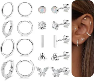 9Pairs 20G Surgical Steel Earrings for Sensitive Ears Hypoallergenic Huggie Hoop Earrings for Women Men Flat Back Earrings CZ Opal Cartilage Helix Earrings for Multiple Piercing