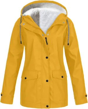 Active Hooded Rain Jackets Women's Fleece Lined Raincoat Waterproof Lightweight Outdoor Windbreaker Trench Rain Coats
