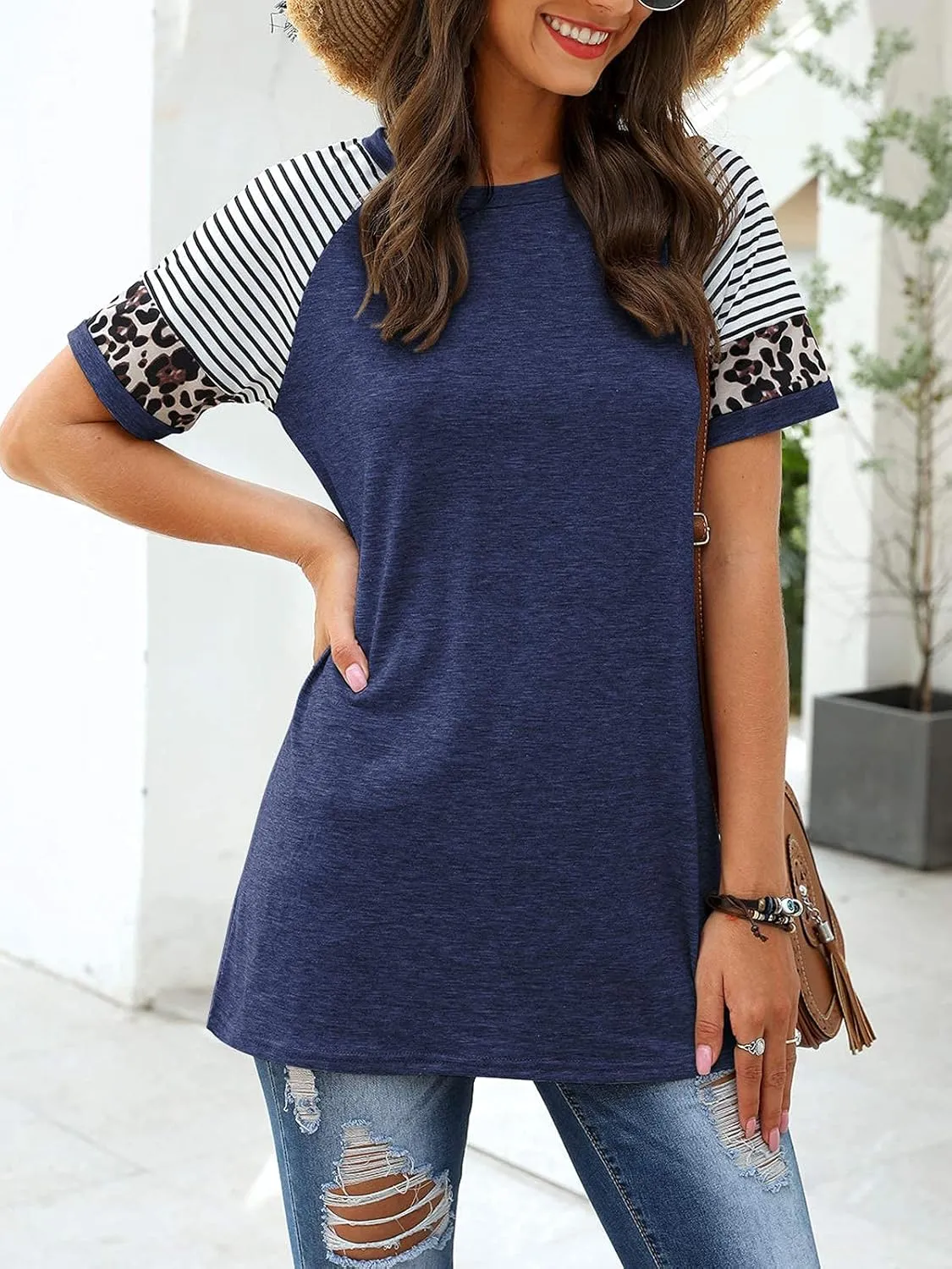 Adibosy Women Summer Casual Shirts: Short Sleeve Striped Tunic Tops - Womens Crew Neck Tee Tshirt Blouses