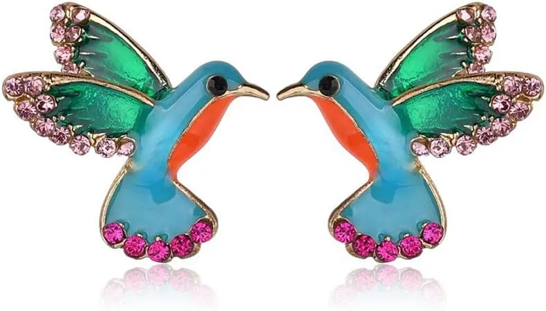 AILUOR Cute Enamel Crystal Hummingbird Bird Stud Earrings, Colorful Metal Animal Ear Studs Statement Jewelry for Women