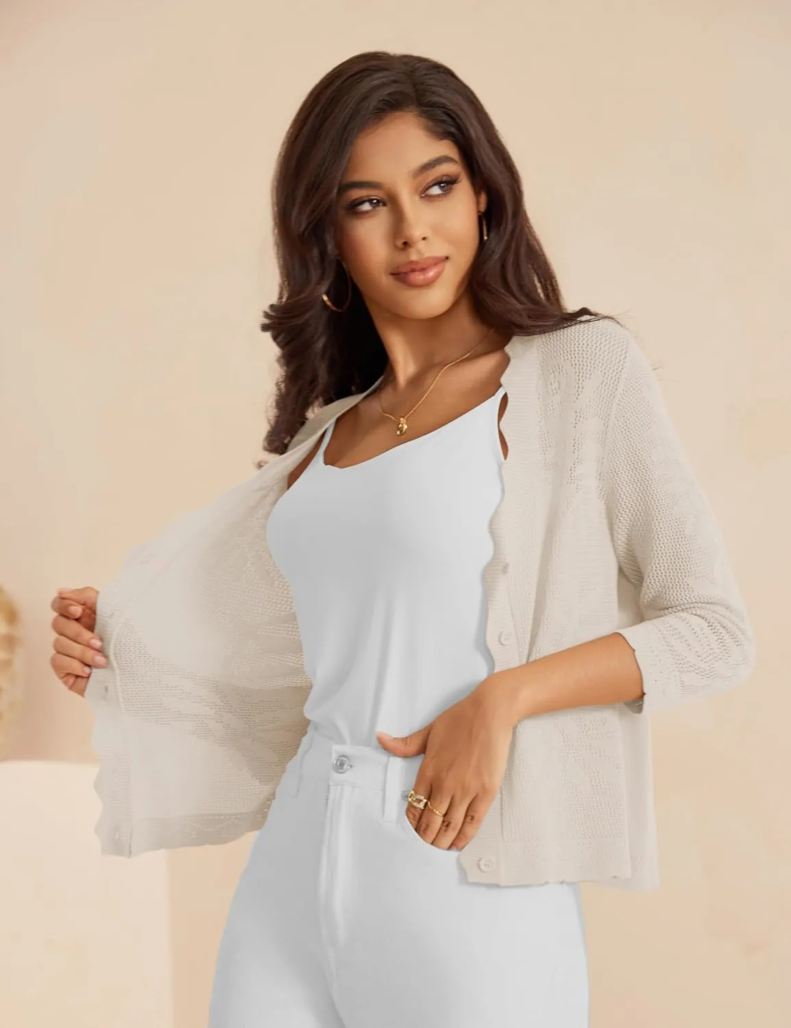 a.Jesdani Women's Cropped Cardigan Sweaters Trendy Lightweight 3/4 Sleeve Button Down Textured Shrugs Top