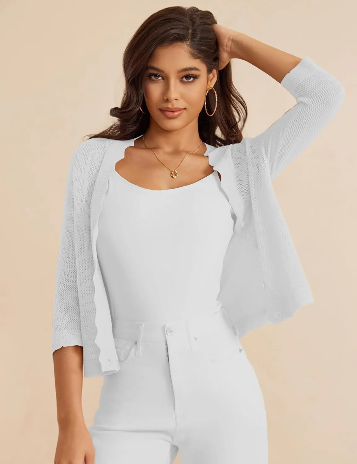 a.Jesdani Women's Cropped Cardigan Sweaters Trendy Lightweight 3/4 Sleeve Button Down Textured Shrugs Top