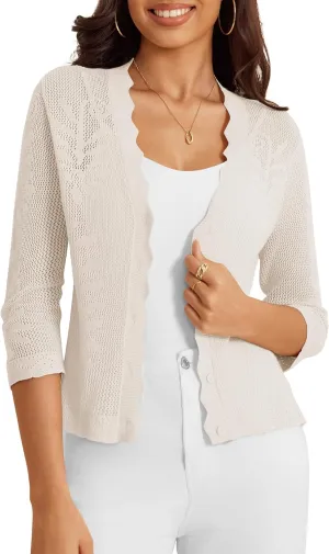 a.Jesdani Women's Cropped Cardigan Sweaters Trendy Lightweight 3/4 Sleeve Button Down Textured Shrugs Top