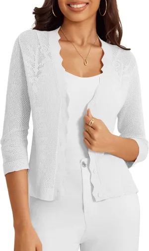a.Jesdani Women's Cropped Cardigan Sweaters Trendy Lightweight 3/4 Sleeve Button Down Textured Shrugs Top