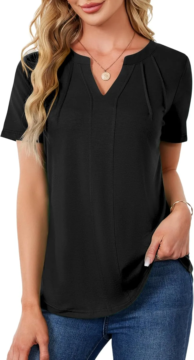 AKEWEI Short Sleeve Blouses for Women V Neck T Shirts Pleated Summer Dressy Casual Tops