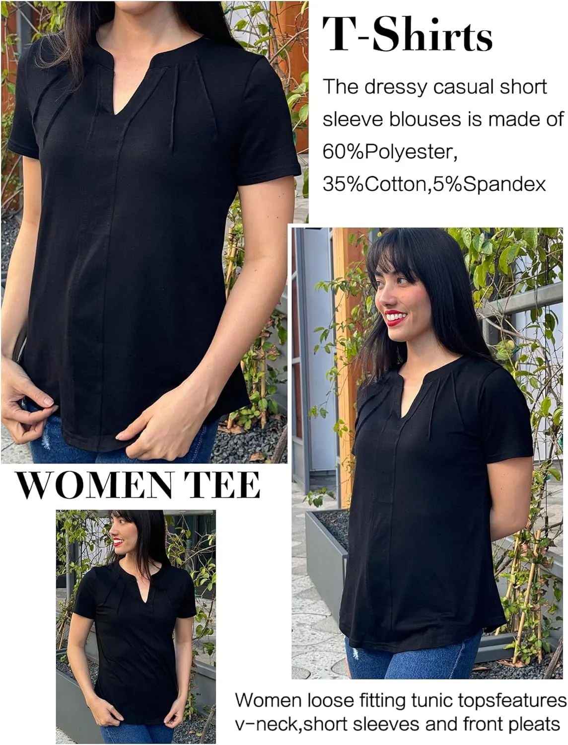 AKEWEI Short Sleeve Blouses for Women V Neck T Shirts Pleated Summer Dressy Casual Tops