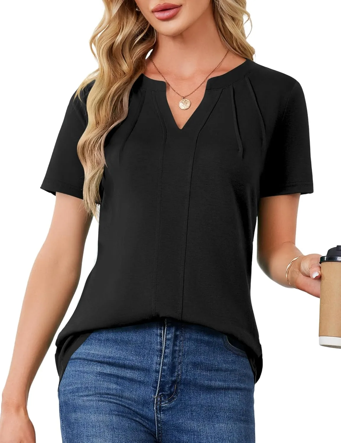 AKEWEI Short Sleeve Blouses for Women V Neck T Shirts Pleated Summer Dressy Casual Tops
