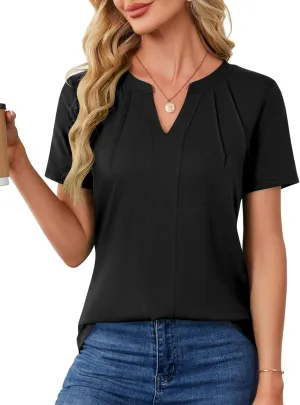 AKEWEI Short Sleeve Blouses for Women V Neck T Shirts Pleated Summer Dressy Casual Tops