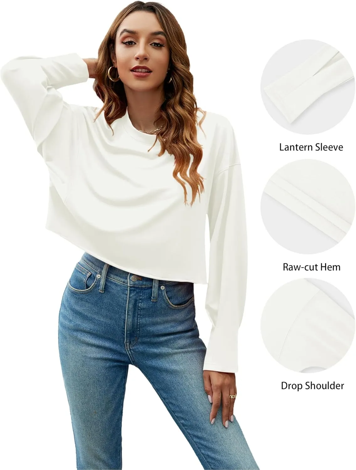 AKEWEI Women's Raw-cut Hem Lightweight Tops Trendy Crop Sweatshirts Casual Crewneck Shirts