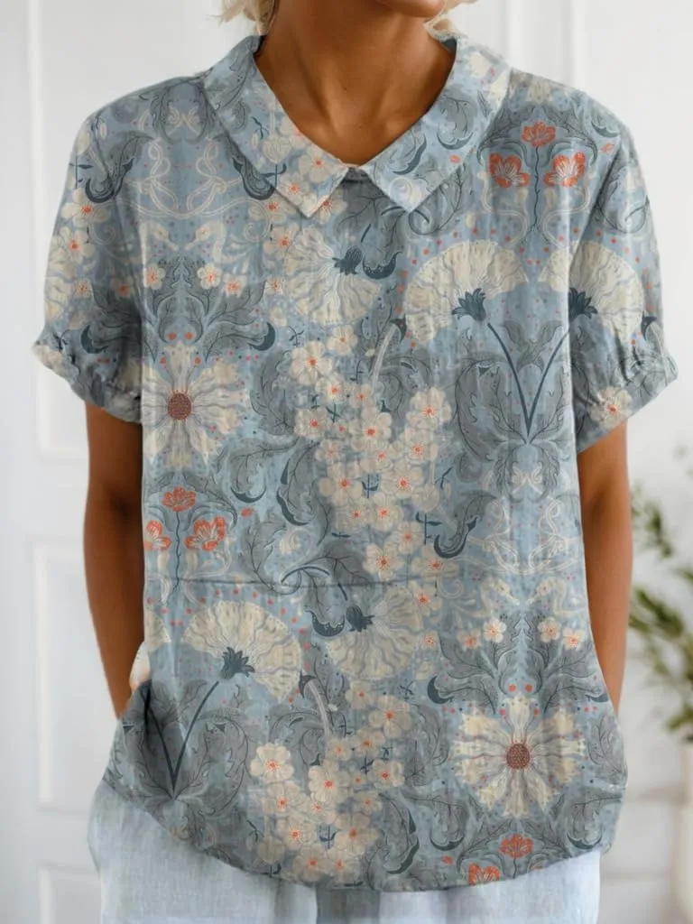 Akivide Women's Summer Cute Cotton Linen Boho Graphic Lapel Shirts Plus Size Lightweight Short Sleeve Dressy Casual Blouses