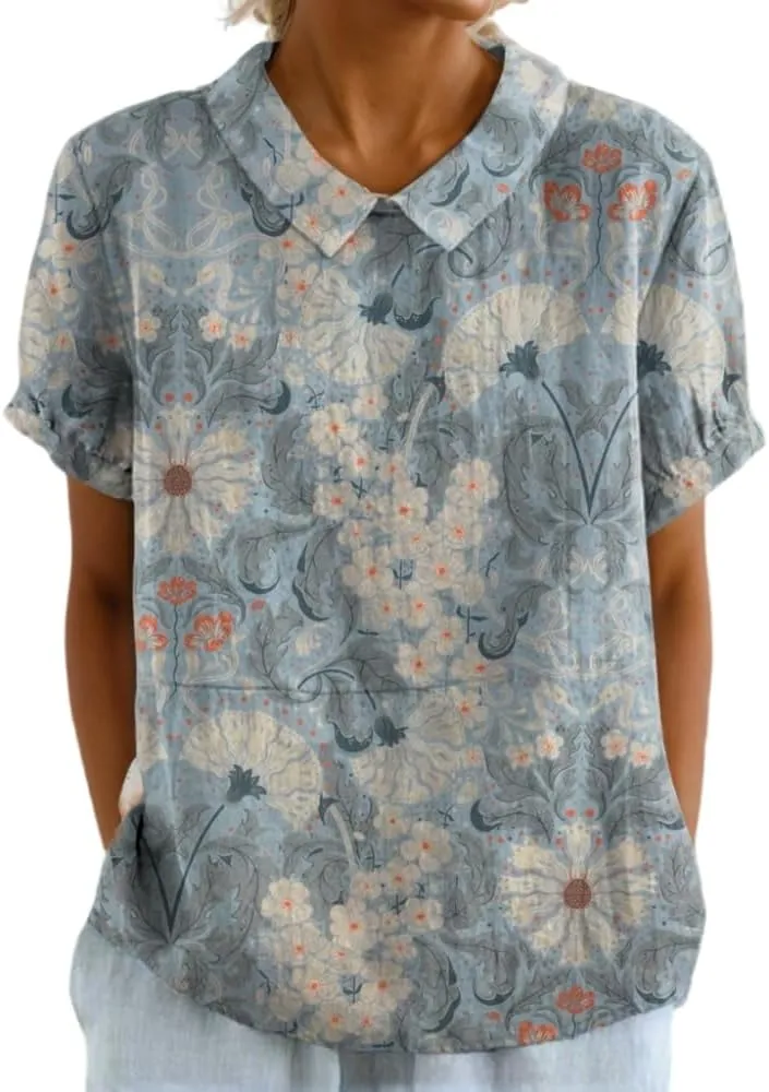 Akivide Women's Summer Cute Cotton Linen Boho Graphic Lapel Shirts Plus Size Lightweight Short Sleeve Dressy Casual Blouses