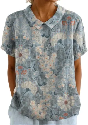 Akivide Women's Summer Cute Cotton Linen Boho Graphic Lapel Shirts Plus Size Lightweight Short Sleeve Dressy Casual Blouses