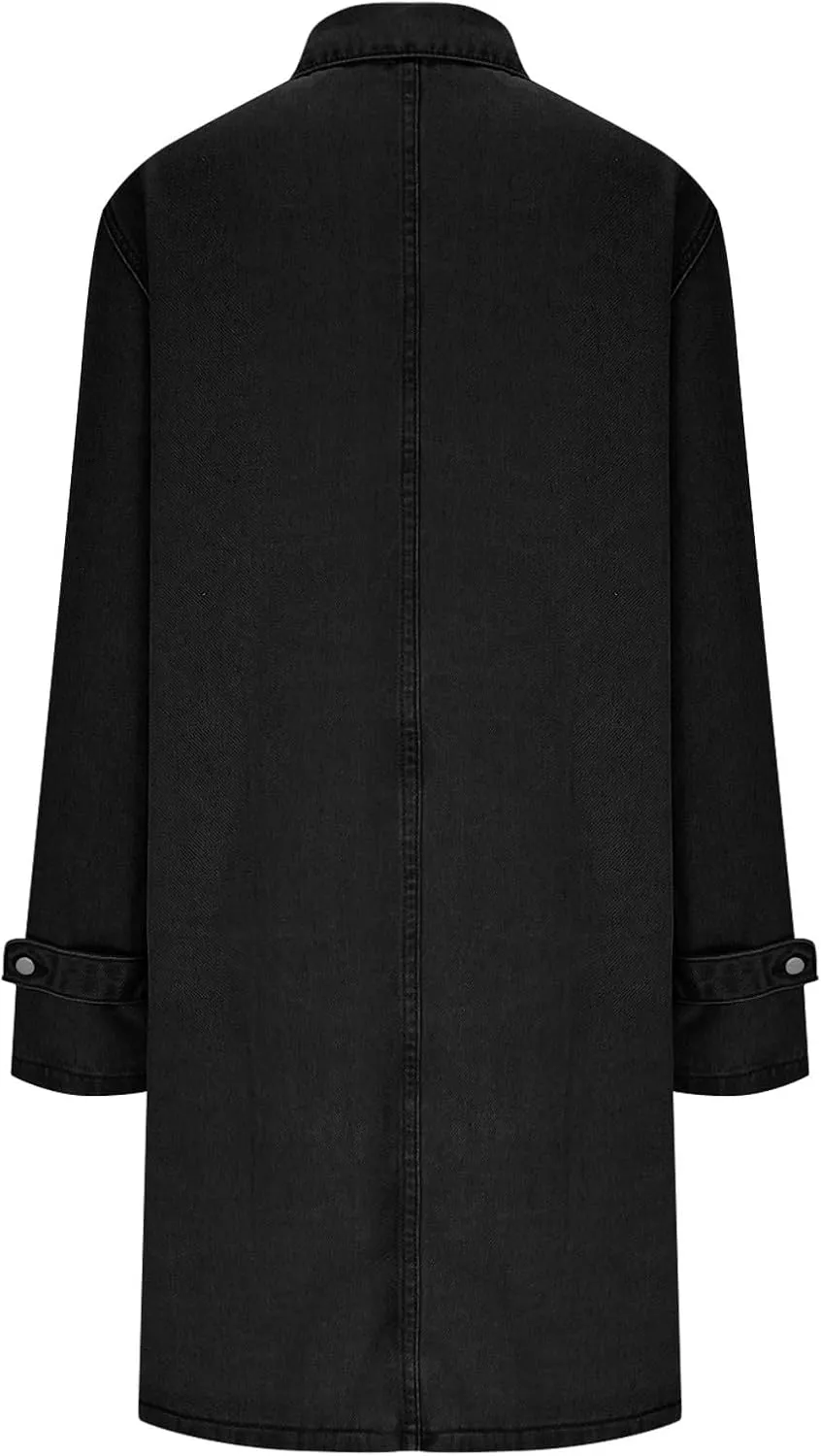 Akklian Mens Long Denim Trench Coat Classic Lapel Button Down Cardigan Long Sleeve Casual Jean Jacket 2024 Fashion Overcoat