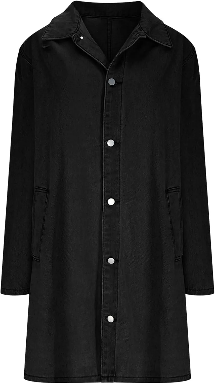 Akklian Mens Long Denim Trench Coat Classic Lapel Button Down Cardigan Long Sleeve Casual Jean Jacket 2024 Fashion Overcoat