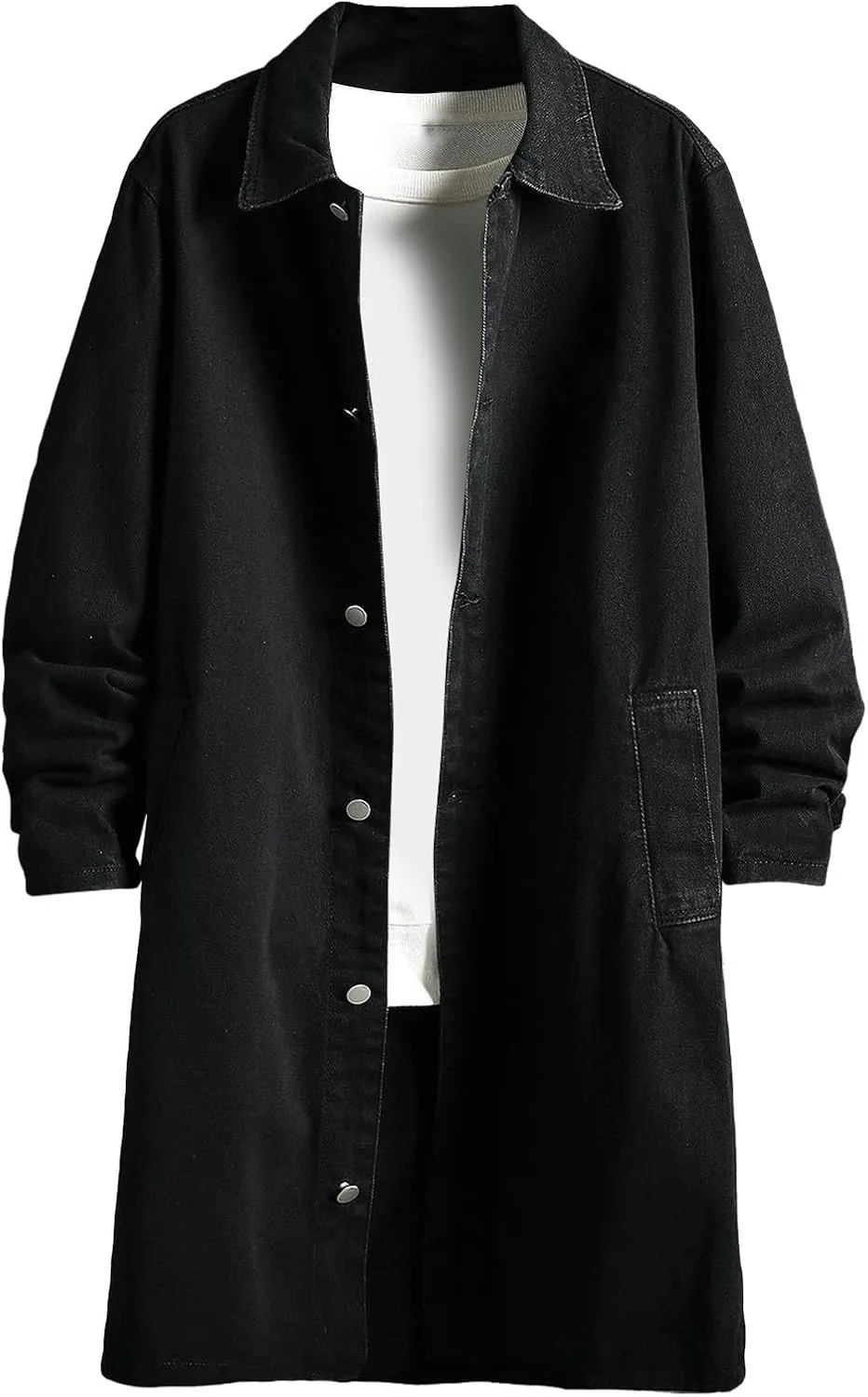 Akklian Mens Long Denim Trench Coat Classic Lapel Button Down Cardigan Long Sleeve Casual Jean Jacket 2024 Fashion Overcoat