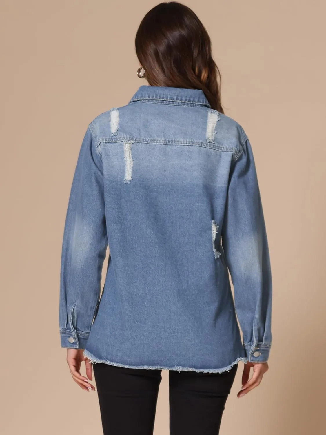 Allegra K Women's Denim Jacket Casual Long Sleeve Frayed Hem 2025 Wash Outfits Ripped Distressed Jean Jackets