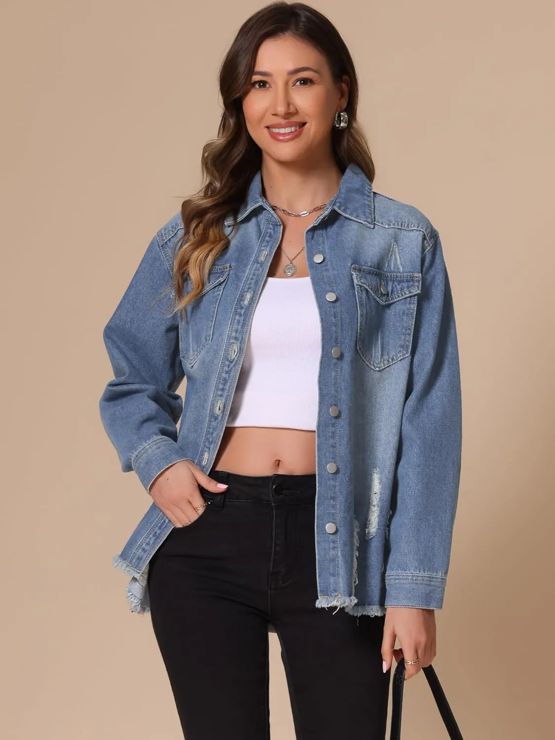 Allegra K Women's Denim Jacket Casual Long Sleeve Frayed Hem 2025 Wash Outfits Ripped Distressed Jean Jackets