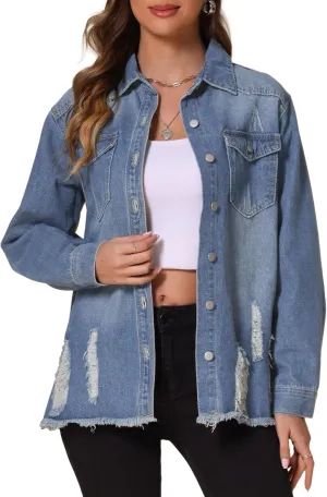 Allegra K Women's Denim Jacket Casual Long Sleeve Frayed Hem 2025 Wash Outfits Ripped Distressed Jean Jackets